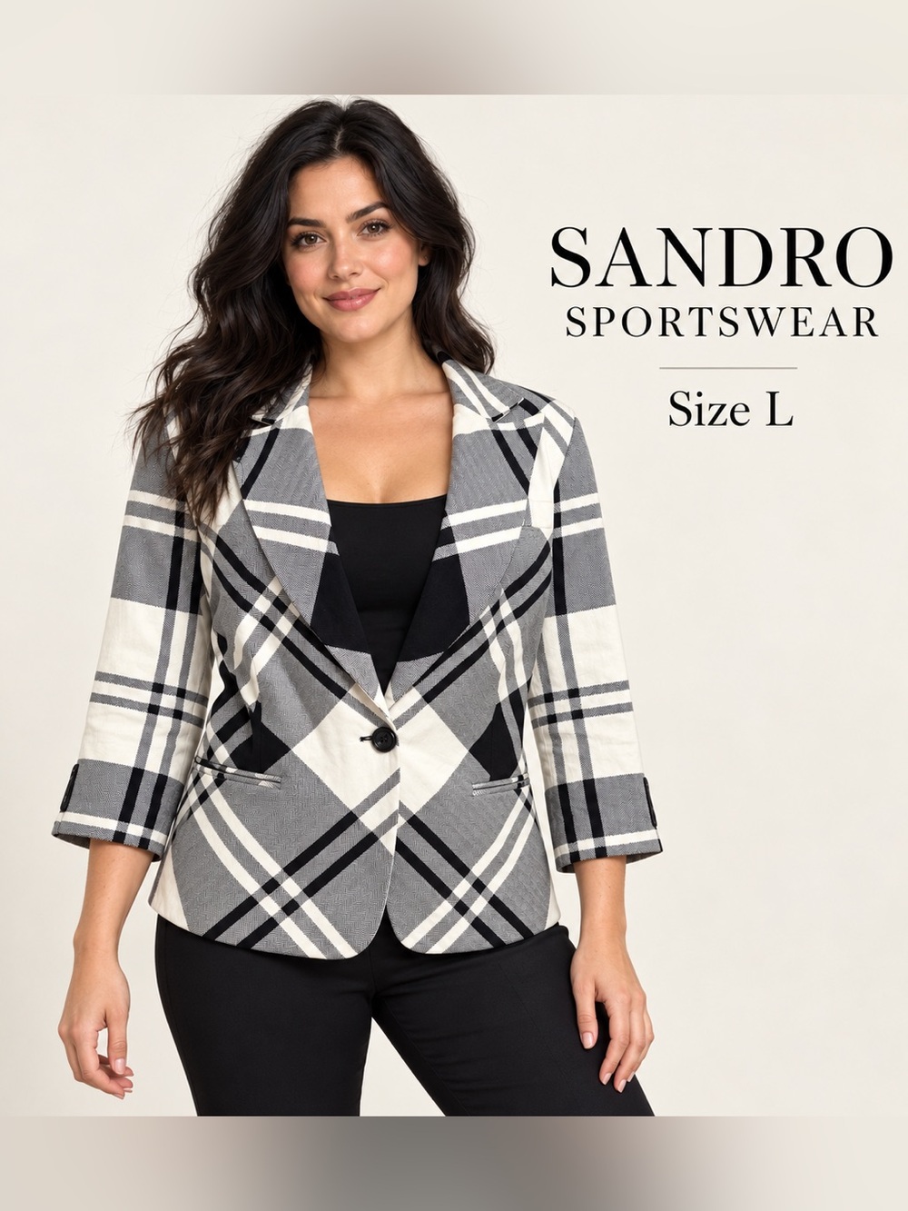 Sandro Sportswear Black & White Plaid Blazer Jacket Size L quiet luxury designer
